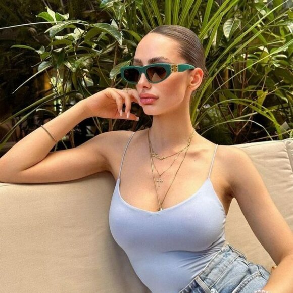 Balenciaga BB0095S 005 BRAND NEW Sunglasses Green Gold Logo Grey Cat Eye Unisex - Picture 1 of 14